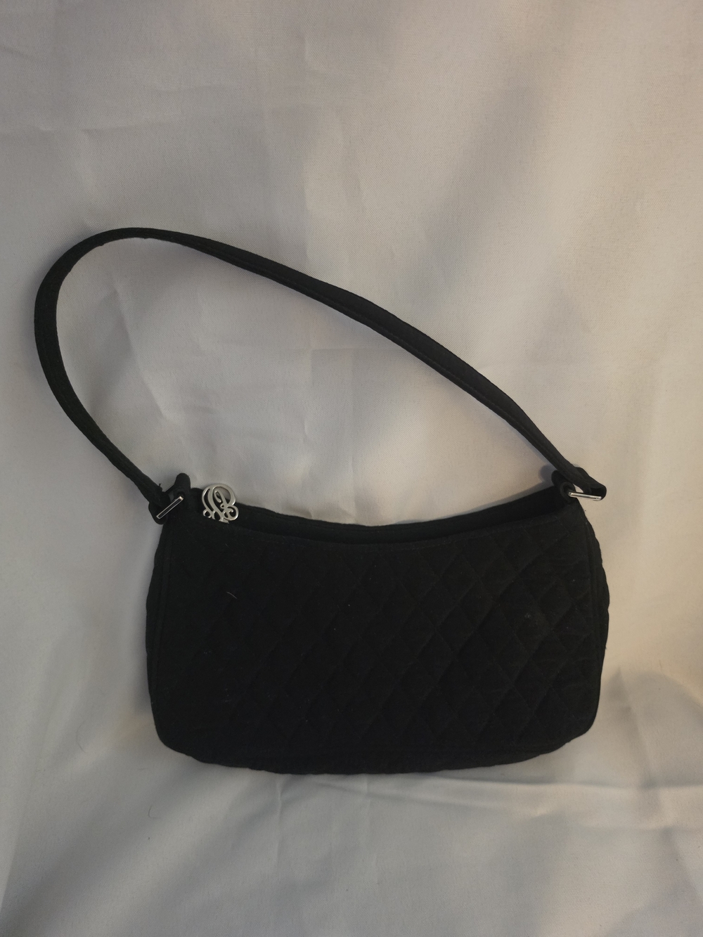 Black Quilted Shoulder Bag with Silver Monogram Charm